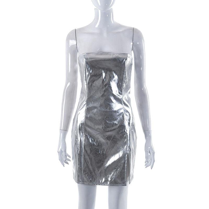 Metallic Tube Top Cinched Waist Split Dress