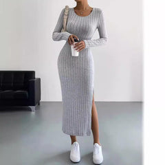 Long Sleeve Crew Neck Split Knitted Maxi Dress - 808Lush