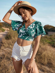 Summer V neck Dark Green Ruffle Sleeve Cropped Top