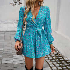 Floral Printing Long Sleeve High Waist Romper