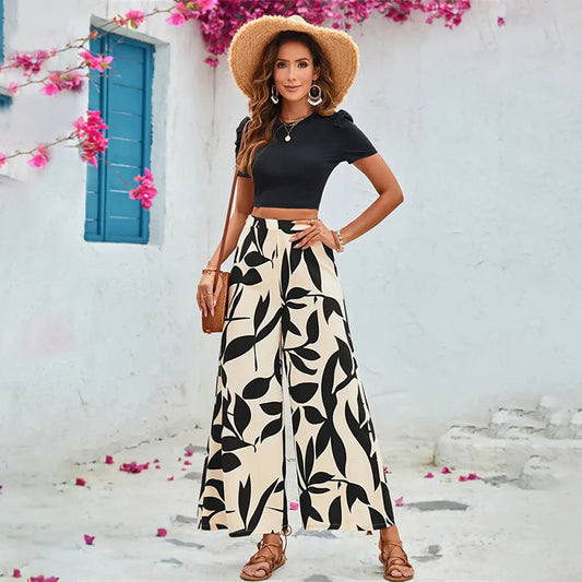 Leaf Printed Casual Wide Leg Pants Two Piece Set