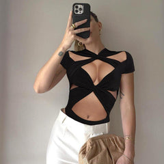 Sexy Lace up Cross Hollow Out Cutout bodysuit - 808Lush