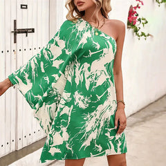 Oblique Shoulder Printed Short Summer Women Dress