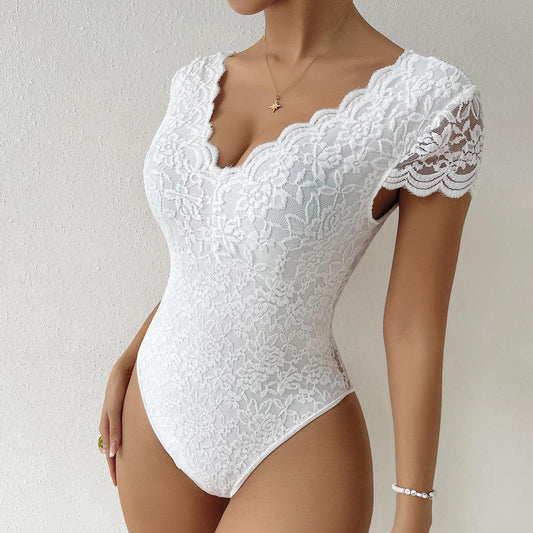 Lace See through Deep V Plunge neck Backless bodysuit - 808Lush