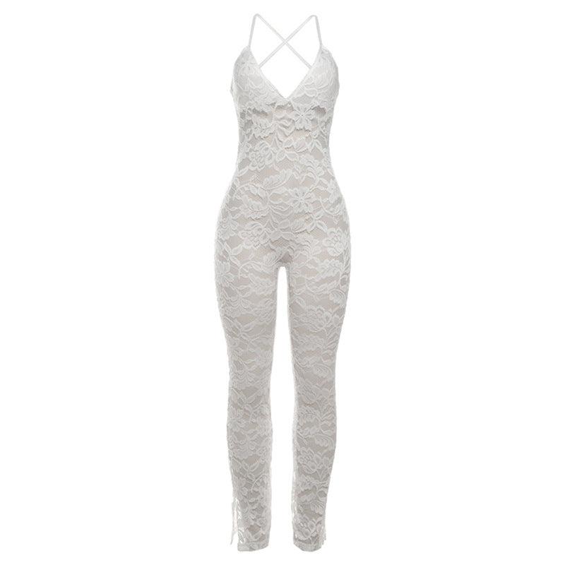 Sexy Sling Backless Lace See through Jumpsuit