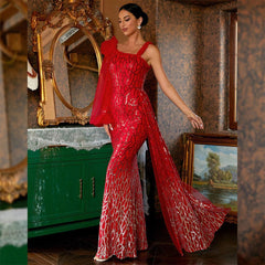 Elegant Sexy Long Sequined Long Sleeve Diagonal Collar Backless Cocktail Evening Dress Bridesmaid Bodycon Maxi Dress Women - 808Lush