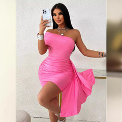 Women Sexy Oblique Shoulder Mini Dress