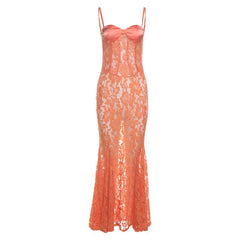 Women Lace Backless Fishtail Sling Maxi Dress