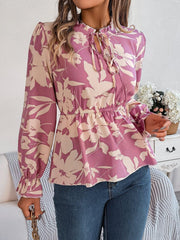 Casual Floral Lace up Long Sleeve Chiffon Shirt Top