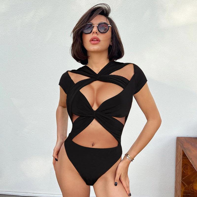 Sexy Lace up Cross Hollow Out Cutout bodysuit - 808Lush