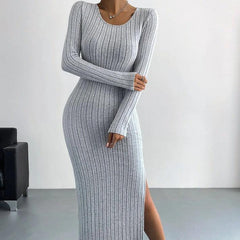 Long Sleeve Crew Neck Split Knitted Maxi Dress - 808Lush