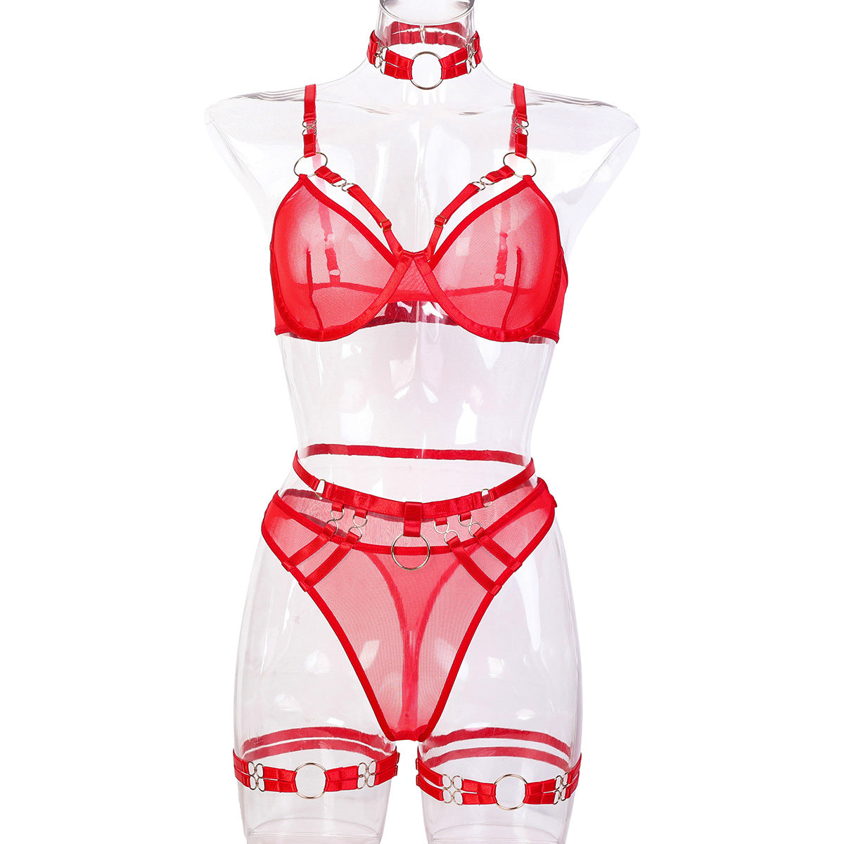 See through Sexy Red Valentine Day Five Piece Lingerie Set