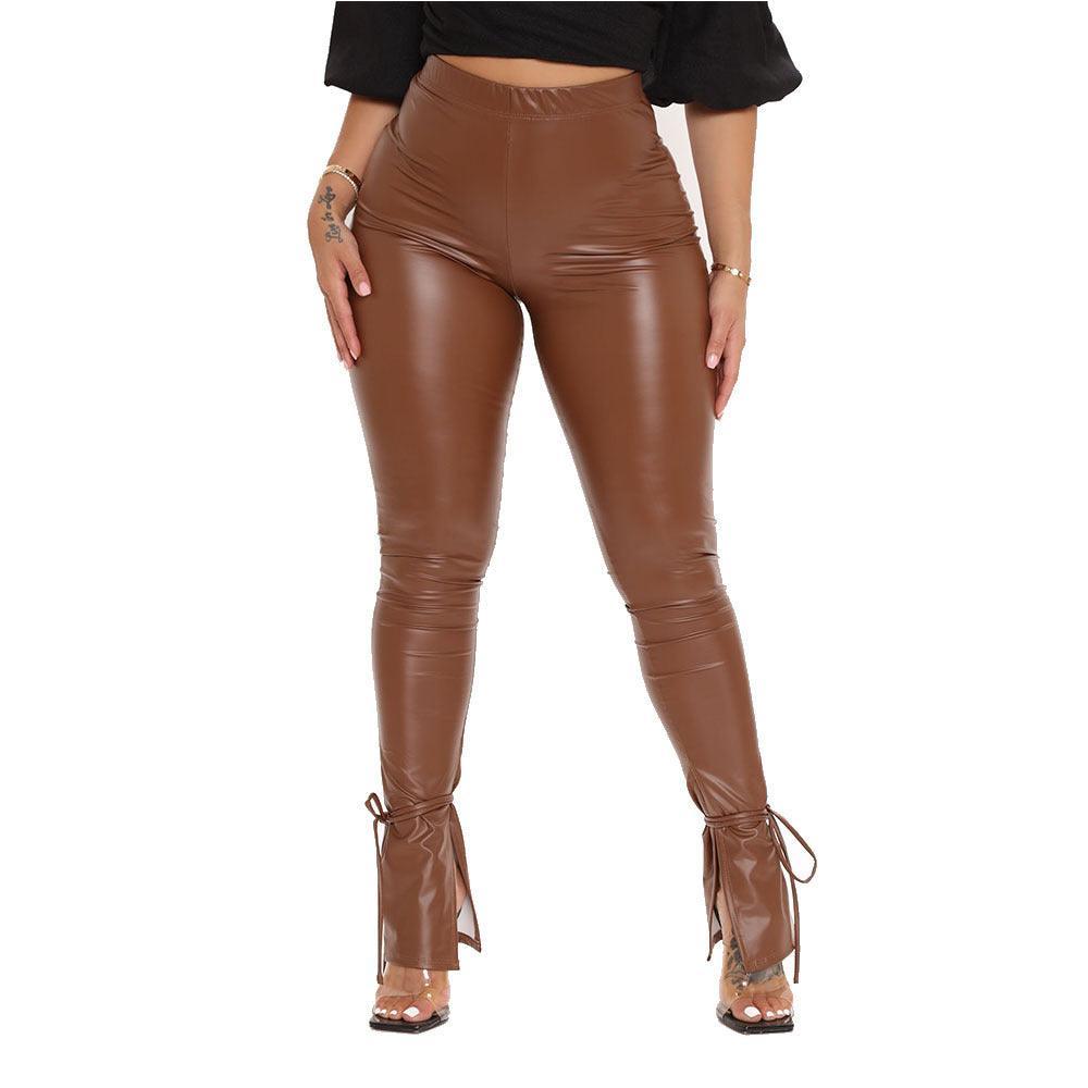 Tight High Bandage Flared Side Slit Faux Leather Legging - 808Lush