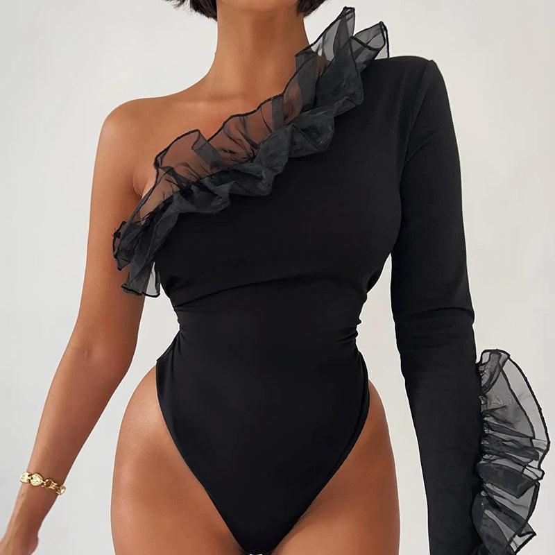 Women Mesh Flying Shoulder Sleeve Slim Sheath Bodysuit - 808Lush