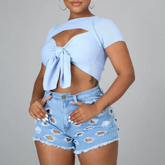 Ripped High Waist Stretch Denim Shorts - 808Lush