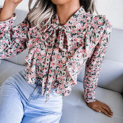 Casual Lace up Ruffled Floral Top