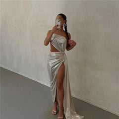 Metallic Sexy Backless Slit Maxi Dress - 808Lush