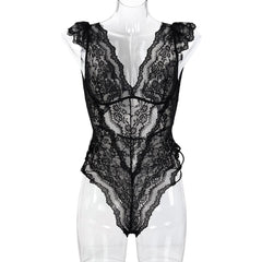 Mysterious Black Lace Deep V Plunge teddies