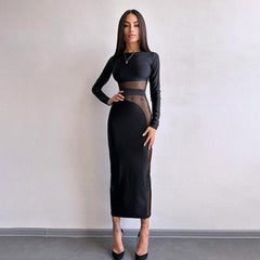 Elegant Slim Fit Mesh Stitching Long Sleeves Tight Midi Dress