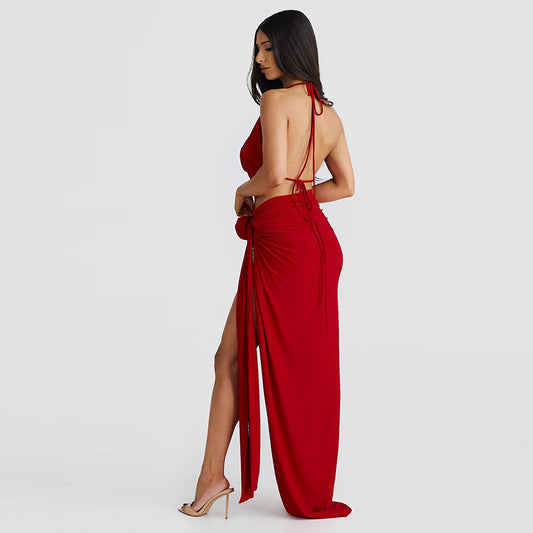 Backless Sexy Deep V Plunge Neck High Slit Skirt Set