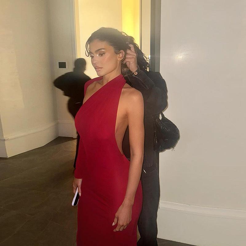 kylie jenner dress Shoulder Single Sleeve Backless Dress - 808Lush