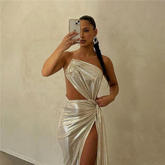 Metallic Sexy Backless Slit Maxi Dress - 808Lush