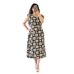 Floral Dress Flying Sleeve round Neck Little Daisy Printed Midi Dress