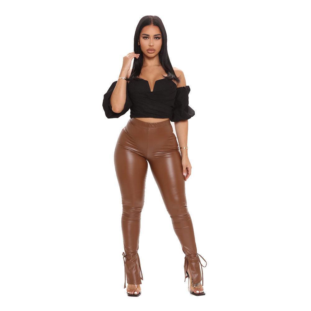 Tight High Bandage Flared Side Slit Faux Leather Legging - 808Lush