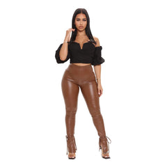 Tight High Bandage Flared Side Slit Faux Leather Legging - 808Lush