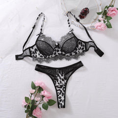 Sexy Lingerie Lace Stitching Leopard Print Steel Ring Bra Panties Two Piece Set