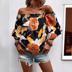 Summer Floral Print Off Shoulder Short Sleeve Blouse