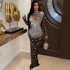 Women round Neck Rhinestone Dress Maxi