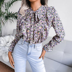 Casual Lace up Ruffled Floral Top