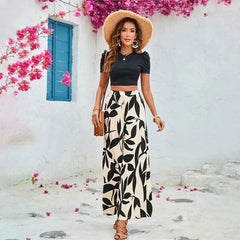 Leaf Printed Casual Wide Leg Pants Two Piece Set