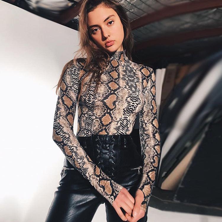 Snakeskin Printed Bottoming Shirt Long Sleeve Turtleneck Bodysuit - 808Lush