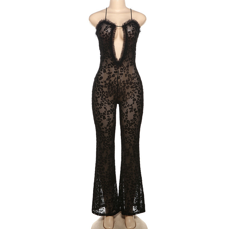 Backless Sheer Mesh Leopard Print Casual Jumpsuit