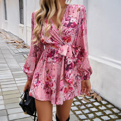 Floral Printing Long Sleeve High Waist Romper