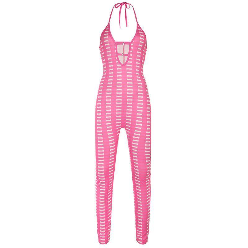 Barbie Pink Deep V Plunge neck Cutout out Jumpsuit - 808Lush