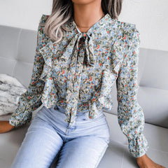 Casual Lace up Ruffled Floral Top