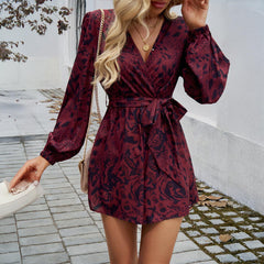 Floral Printing Long Sleeve High Waist Romper