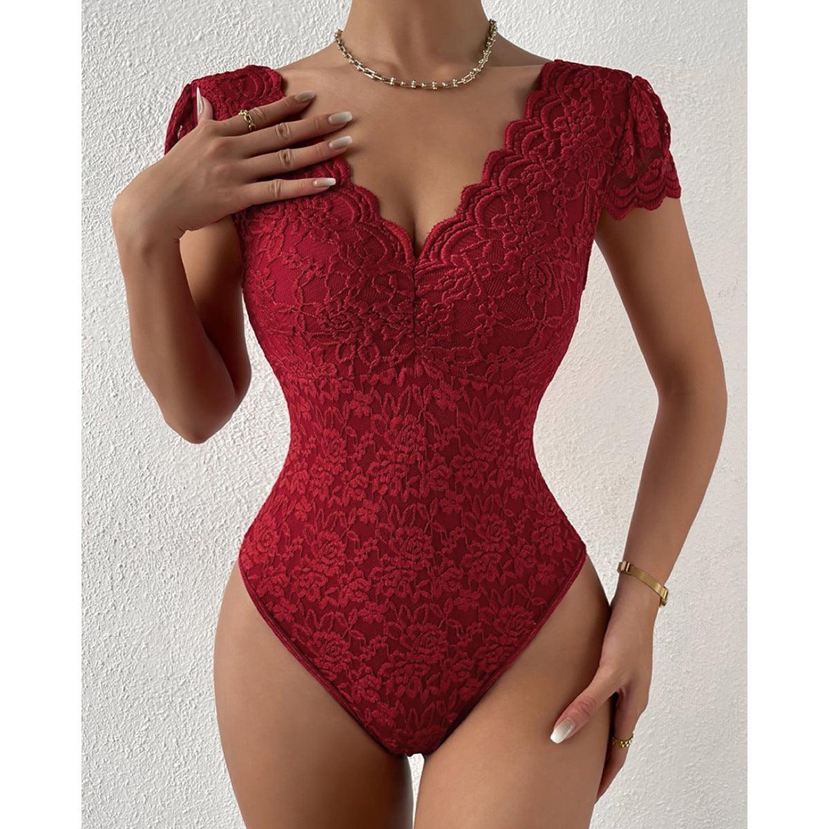 Lace See through Deep V Plunge neck Backless bodysuit - 808Lush