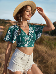 Summer V neck Dark Green Ruffle Sleeve Cropped Top