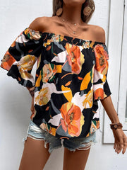 Summer Floral Print Off Shoulder Short Sleeve Blouse