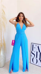 V neck Slit Hem Wide Leg Pants Jumpsuit