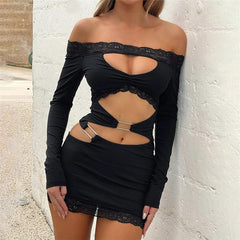 Hollow Out Cutout out Lace off Shoulder Long Sleeve Mini Dress