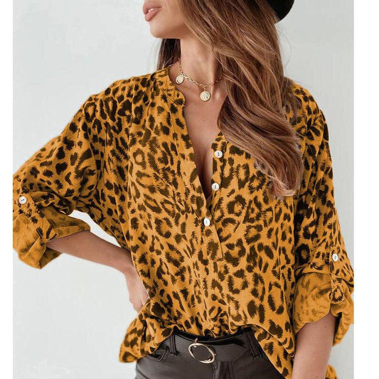 Women Leopard Shirt Collared Long Sleeve - 808Lush
