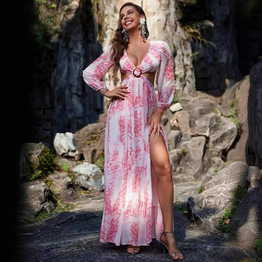 Sexy Chiffon Printed Long Sleeve Split Maxi Dress