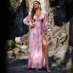 Sexy Chiffon Printed Long Sleeve Split Maxi Dress