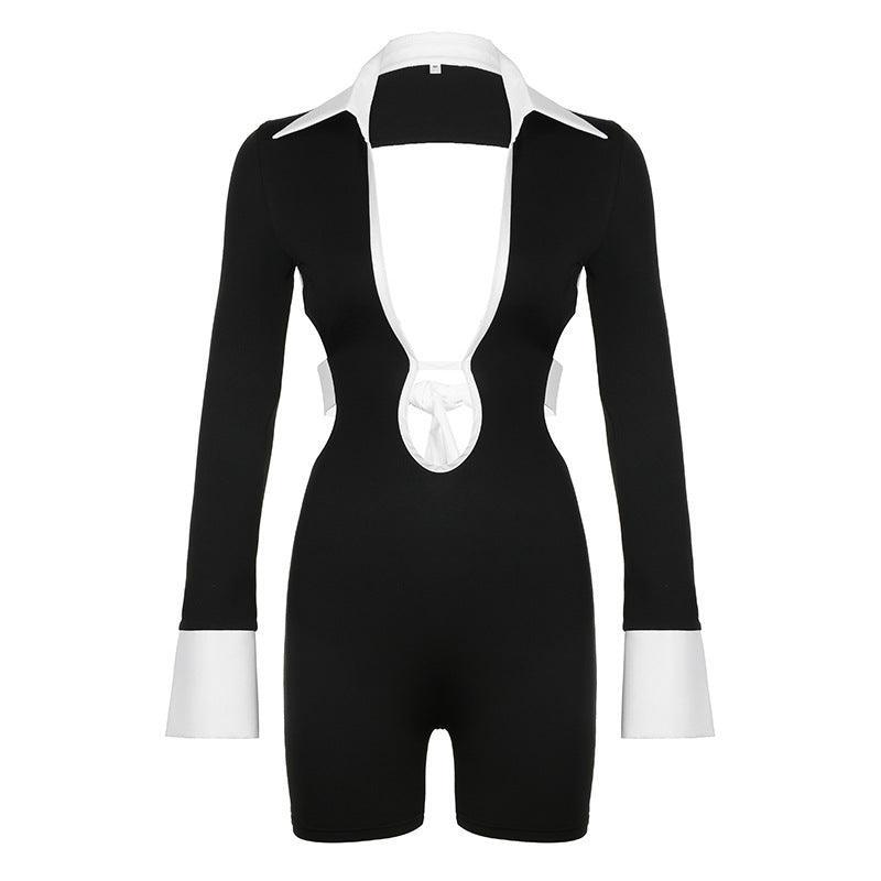 Sexy Collared Shirt Backless Long Sleeve Jumpsuit - 808Lush