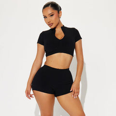 Short Sleeve Cropped Top Stretch Shorts Set